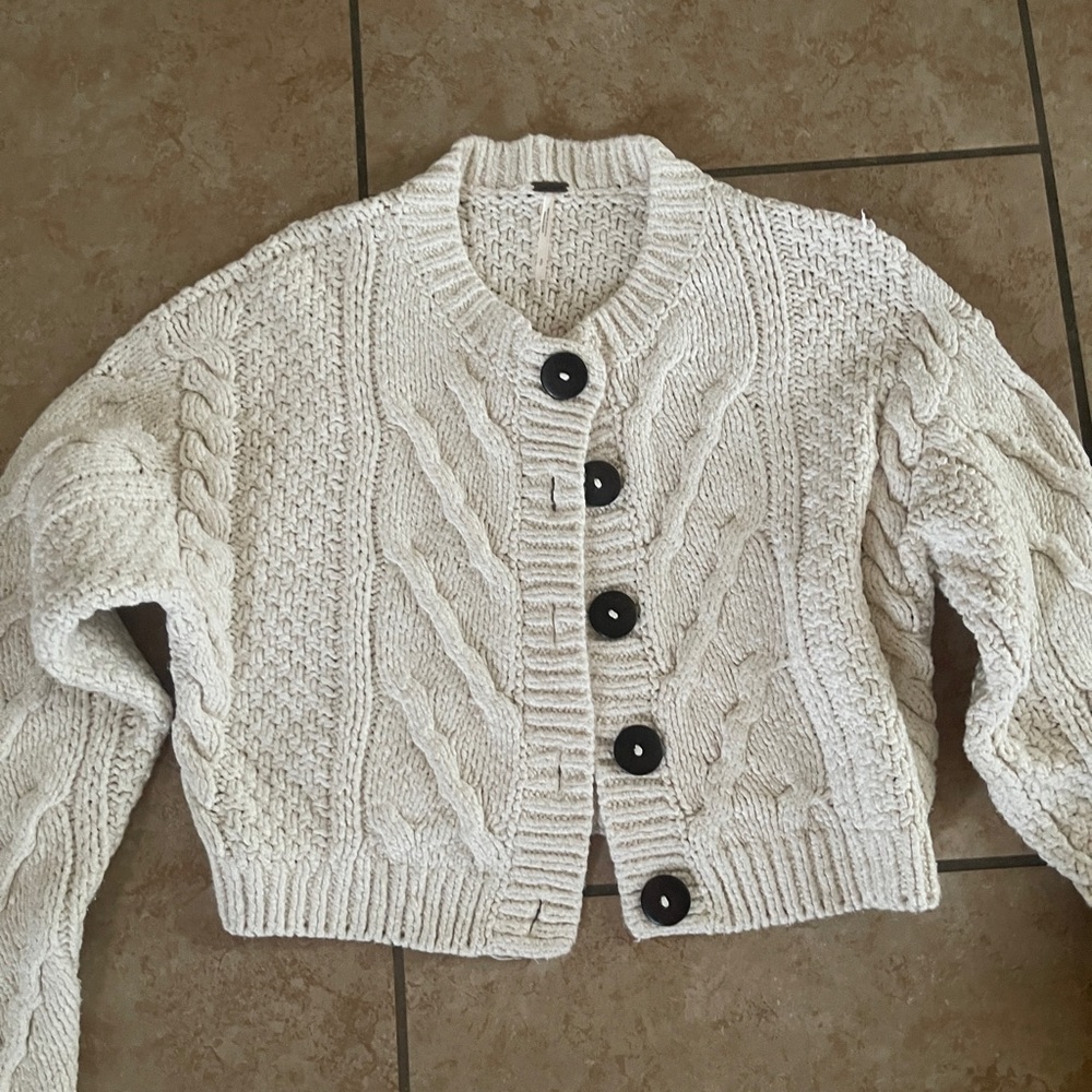 Free People Cream Cable Knit Button-Front Women's Sweater